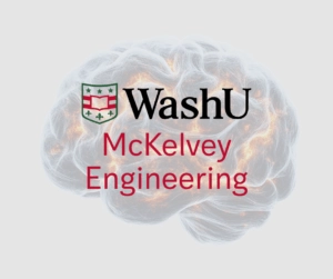 Translucent brain illustration with glowing network lines. Overlaid text reads "WashU McKelvey Engineering" with the WashU shield. Tone conveys innovation.