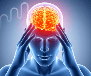 Illustration of a person with hands on temples, highlighting a glowing orange brain. The image suggests concentration and brain activity.