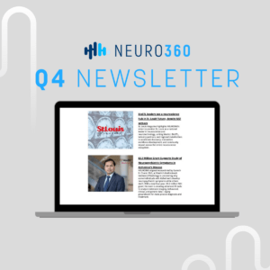 A laptop displays the Neuro360 Q4 newsletter, featuring articles on neuroscience advancements. The background is light grey with abstract wave designs, creating a professional and tech-savvy tone