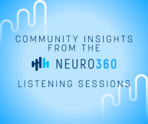 Blue background with white wavy lines on the edges. Text reads "Community Insights from the Neuro360 Listening Sessions." Calm and professional tone.