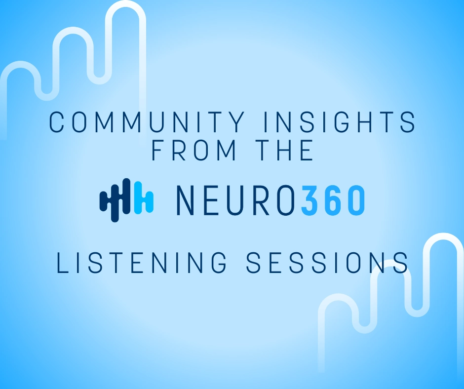 Blue background with white wavy lines on the edges. Text reads "Community Insights from the Neuro360 Listening Sessions." Calm and professional tone.