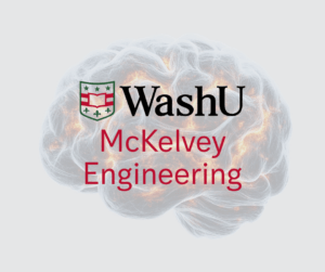 Translucent brain illustration with glowing network lines. Overlaid text reads "WashU McKelvey Engineering" with the WashU shield. Tone conveys innovation.
