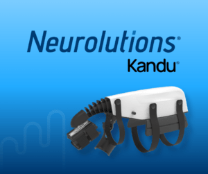 Blue gradient background featuring "Neurolutions" and "Kandu." Below is a white and black wearable device with straps, evoking innovation and technology.