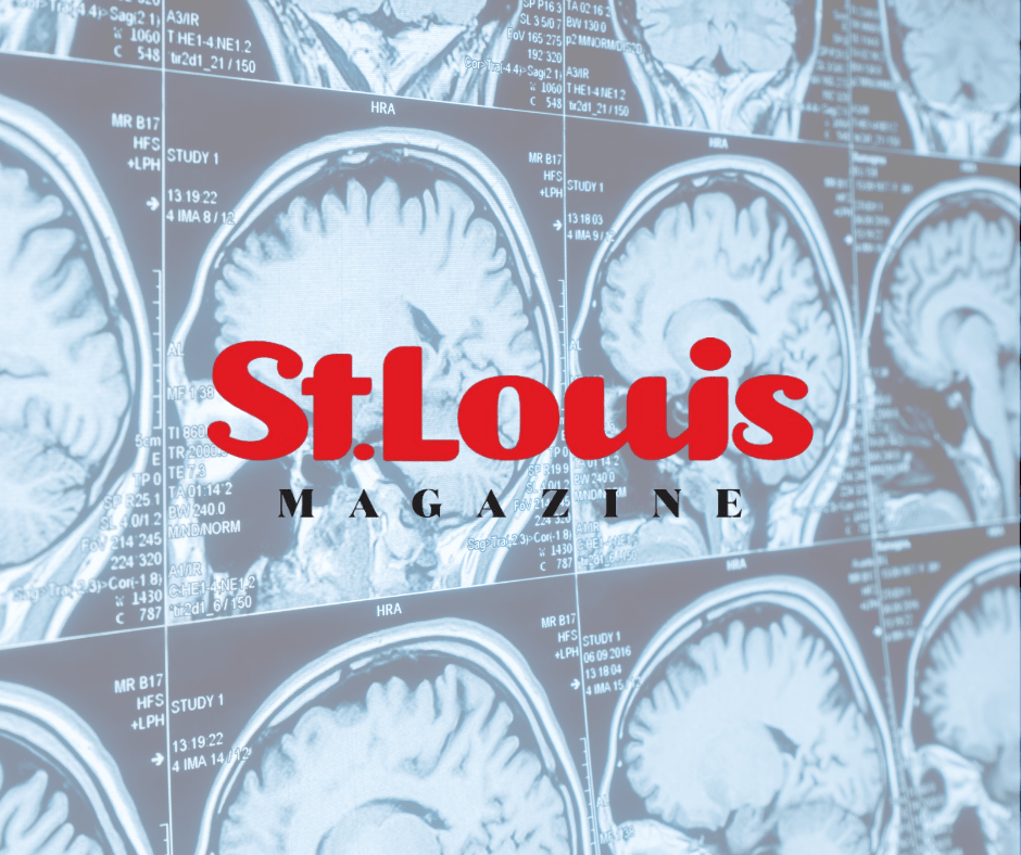 MRI brain scans in a grid pattern form the background of the image. Central red text reads “St. Louis Magazine,” giving a medical and scientific feel.