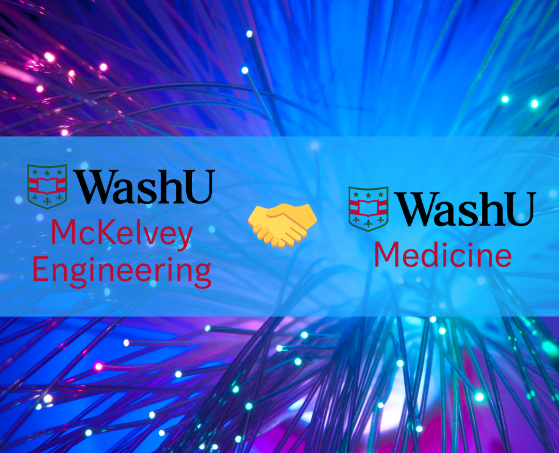 Bright fiber optics in blue and purple create a dynamic backdrop for the WashU McKelvey Engineering and Medicine logos, linked by a handshake icon.