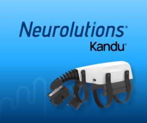 Blue gradient background featuring "Neurolutions" and "Kandu." Below is a white and black wearable device with straps, evoking innovation and technology.