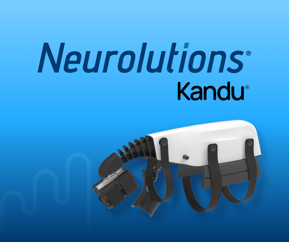 Blue gradient background featuring "Neurolutions" and "Kandu." Below is a white and black wearable device with straps, evoking innovation and technology.